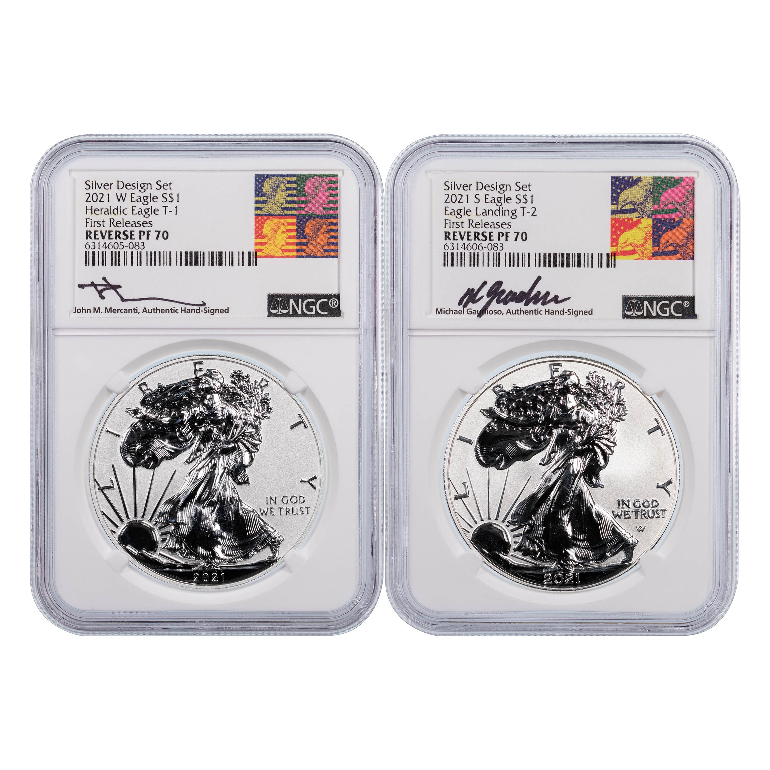 Set of 2: 2021-W Type 1 & 2021-S Type 2 Rev PF American Silver Eagles NGC PF70 First Release Mercanti/Gaudioso Label