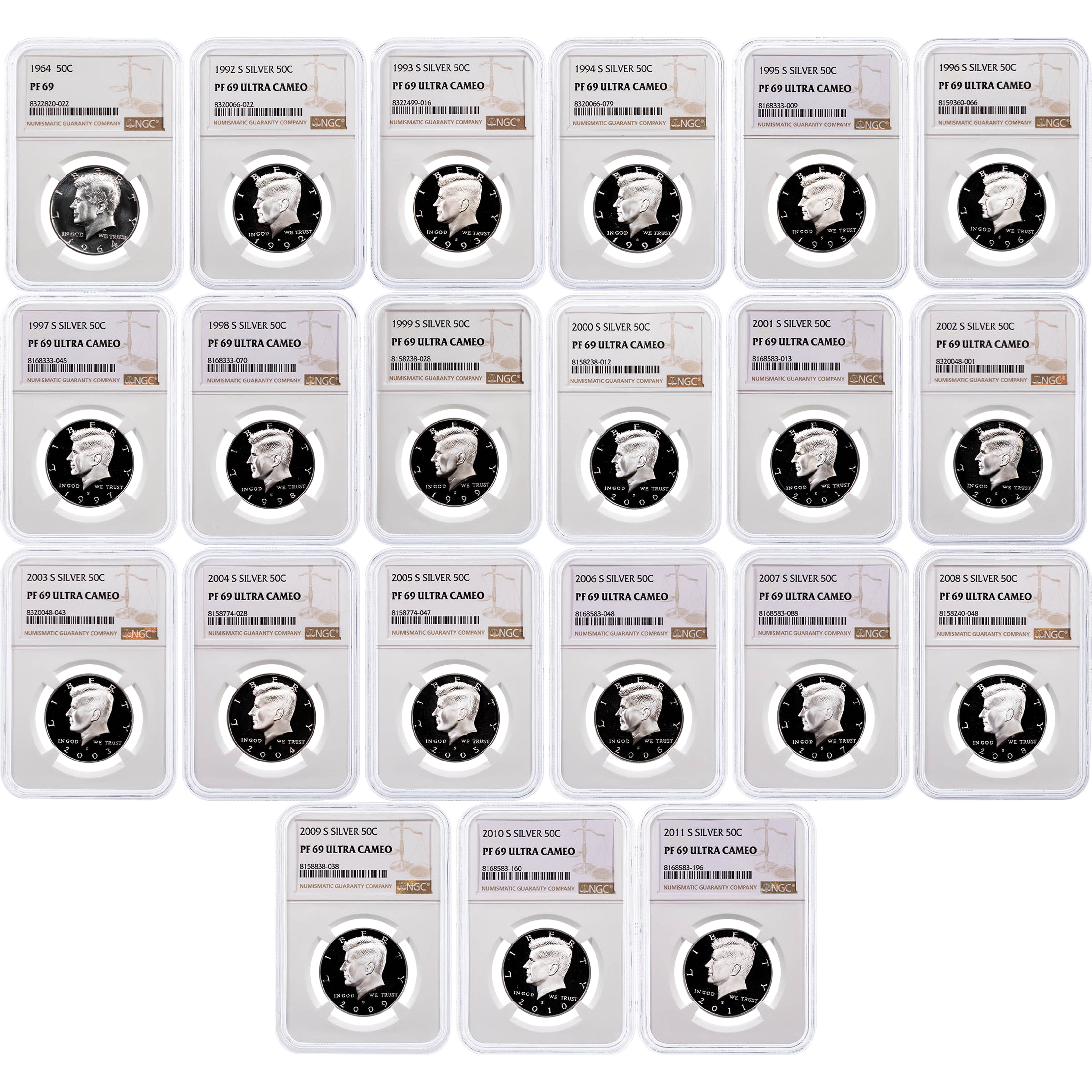 Set of 21: 1964 Kennedy Half Dollar Proof 69 & 1992-S to 2011-S Silver Kennedy Half Dollars Proof 69 Ultra Cameo